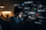 A young woman sits alone in a dimly lit room at night, staring at her smartphone while blurred notifications and social media icons float around her, symbolizing digital distraction and fragmented attention.