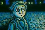 A young boy out alone, at night, staring at something we cannot see. By Emlyn Boyle.