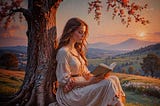 Picture of a young woman leaning against a tree, reading a book as the setting sun outlines her face in golden light.