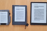 Three of many e-readers that I own: Onyx Boox Nova 2, Kindle DX, Onyx Boox Max Lumi