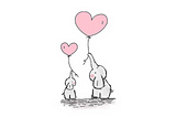 An adult elephant and a baby elephant, each holding a pink heart-shaped balloon.