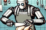 IMAGE: A comic-style illustration of a robot butcher processing a chicken, showing the robot equipped with chef attire, skillfully butchering the chicken in a futuristic kitchen setting, emphasizing precision and efficiency in a whimsical manner