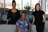 Powerhouse team at Realist Lab! From left to right: Isis-Rae Goulbourne, Marie Rocha, and Christine Sullivan. Not pictured: Joana G. Smith and Max Aristilde. (Photo By: Melissa Olguin)