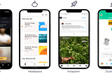 Screens from Tinder, Headspace, Instagram and Duolingo
