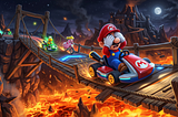Mario driving on a wooden bridge with his eyes covered.
