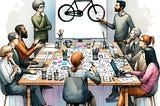 A creative team in a brainstorming session around a table covered with papers, sticky notes, and design materials. A man stands presenting a bicycle image on a whiteboard to his attentive colleagues.