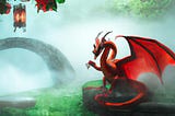Cute and pretty red dragon in a royal garden setting.