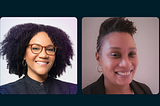 Two headshots of Black women filmmakers wearing in black shirts and smiling toward the camera