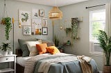 Clean & artful bedroom with plants and sunlight.