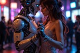 A futuristic humanoid robot and a young woman dance closely in a dimly lit ballroom with colourful neon lights in the background.