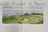 Photo of a watercolor journal painting by artist Roxanne Steed of the overlook totard Pienza, Tuscany