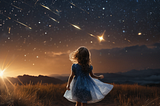 A little girl chasing the stars under a meteor shower
