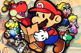 Key art from Paper Mario: The Thousand Year Door. Depicts Mario reading a folded map surrounded by other characters from the game.
