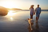 A senior couple walking their dog on the beach at twilight.