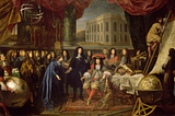 Colbert Presenting the Members of the Royal Academy of Sciences to Louis XIV in 1667. Many white men in fancy clothes and big wigs stand and sit about. The new observatory appears far in the background.