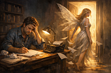 A frustrated writer sitting at his desk, as his winged muse walks away