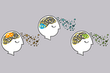 Three hand-illustrated heads with brains lit up in different areas with different colors. Cognition is streaming from these minds, shown as colorful crystal balls (inner thinking), hearts (emotional reactions), and stars (personal rules).