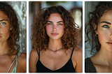a beautiful Greek woman in her mid 20s, with sun kissed skin, green eyes and curly brown hair, AI generated image, created with Midjourney.