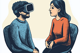 Two people sitting across from each other in conversation, but one of them is wearing a virtual reality headset.