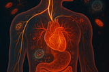 How trauma is stored in the body. Human silhouette with highlighted autonomic nervous system and gut, showing vagus nerve pathways, heart, gut, and muscles with neural/cellular overlays.