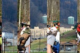 Photo of a trail race interspersed with a photo of a prison