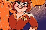 Cartoon drawing of Melissa, a white woman with a red bob & black-framed glasses, wearing a fall-themed shirtwaist dress.