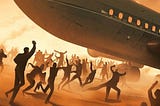 People running in panic under a plane that is ready for takeoff.