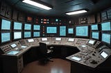 a sci-fi control room with dials, screens and buttons, grimy and post-apocalyptic