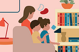 A mom and two kids sitting in front of a bookcase.