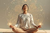 Woman sitting cross-legged in meditation with soft glowing neural pathways and light surrounding her, symbolizing neuroplasticity, mindfulness, emotional healing, and the connection between neuroscience and spirituality.