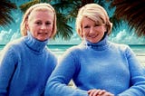 Martha Stewart and her film double wearing matching blue sweaters