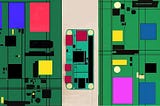 Raspberry Pi art. Abstract triptych based on the innards of three models of the Raspberry Pi computer — the little one is the Zero model