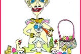 Drawing of a baby sitting on the floor holding a bunny by the neck and sticking a carrot in its eye. Drawing by author