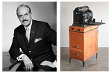 On the left, a professional portrait of Raymond Loewy. On the right, a picture of his famous redesigned Gestetner duplicator machine.