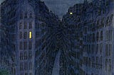 Illustration of a Paris street by night, in blues. Two lighted windows. By Sempé.