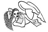 Highly stylised, black and white comic style line drawing of woman lying on her back reading and holding a second book. While the woman appears to be naked, the twisting of her body and the placement of the books cover any indiscretions.