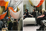 1. The Imagining Possibilities exhibition room at The Lab E20 with designer Christopher Raeburn’s signature reclaimed parachute material hanging from the ceiling; 2. The panel discussion with from L-R: Dilys Williams, Julia Crew, Clare Press and Kaja Grujic.