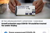 Facebook Screenshot showing article title with Facebook warning underneath saying that “Some unapproved COVID-19 treatments may cause serious harm” with a link for more information