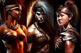 fantasy warrior women, 5 gladiators, digital oil paint, warm colors red and yellow