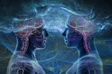 An illustration of a man and a woman face to face. It is like an xray with bluish wisps of smoke are swiring around them.