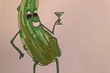 Cartoon pickle drinking a dirty martini (with pickle juice)