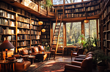 Inside of a beautiful, majestic library stocked with books