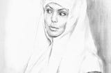 Inspired by Angelina Jolie art: Sister of Mercy (drawing: pencil, coal, chalk, paper).