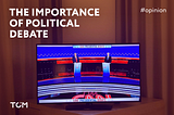 A flat TV screen with a still frame of a presidential candidates debate in USA on the background of a light brown curtain. With the post title, hashtag opinion and Tom brand logo in the corners.