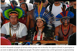 An image 3 people in traditional dress who took part in a 2019 meeting of indigenous people which drew thousands, in Brazil.