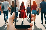 Computer generated image of a woman walking in a group, and a cellphone closer to the reader with an image of the same woman