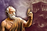 Socrates standing in front of a burning Parthenon while using a smartphone.