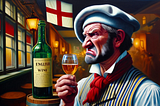 A Frenchman showing disgust at English wine in an English pub.