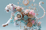 Workflow automation tool visualized as a clockwork tiger running creative tasks, pastel steampunk environment, for digital creators”