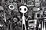 Chaotic illustration of a stick figure surrounded by technology